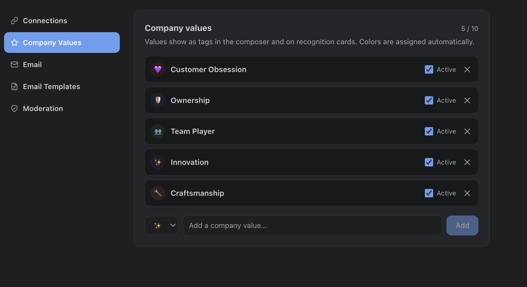 Company Values admin settings
